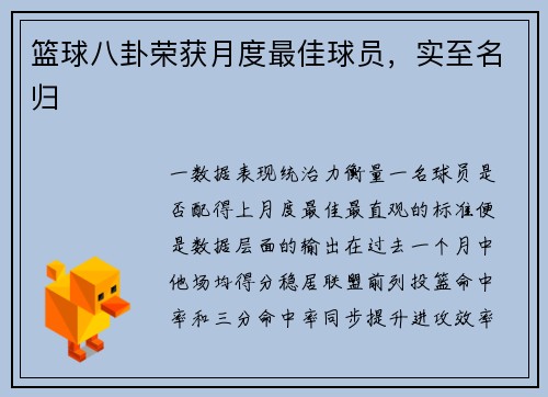 篮球八卦荣获月度最佳球员，实至名归