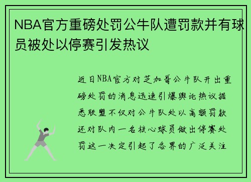 NBA官方重磅处罚公牛队遭罚款并有球员被处以停赛引发热议